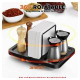 Rotating Napkin Holder for Table, Bamboo Standing Napkin Dispenser with Salt Pepper Shakers Caddy, Black Metal Hand Towel Holder for Bathroom Home Kitchen Farmhouse Decor Not Including Shakers