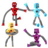 Valentines Day Gift for Kid Toddlers Boy Year Old Age 3 4 5 6 7 8, Set of 4 Flexible Fidget Toys, Telescopic Suction Cup & Pop Tube Robot, Autistic Easter Basket Christmas Stocking Stuffers