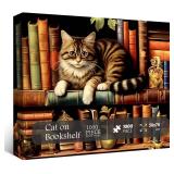 Vintage Cat Puzzles for Adults 1000 Pieces, Funny Kitten Book Jigsaw Puzzles, Retro Cat Bookshelf Animal Puzzle as Kitty Decor