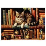 Vintage Cat Puzzles for Adults 1000 Pieces, Funny Kitten Book Jigsaw Puzzles, Retro Cat Bookshelf Animal Puzzle as Kitty Decor
