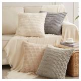 Fancy Homi 4 Packs Neutral Euro Decorative Throw Pillow Covers 28x28 Inch for Couch Bed Sofa, Rustic Farmhouse Boho Home Decor, Soft Plush Striped Corduroy Square Cushion Case 71x71 cm