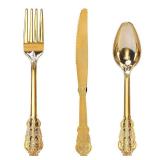 WDF 300 Pieces Gold Plastic Silverware Disposable - Heavy Duty Plastic Cutlery - Gold Silverware Sets Includes 100 Forks, 100 Spoons, 100 Knives for Valentine