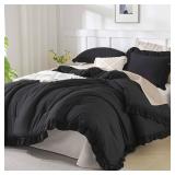 Andency Oversized King Comforter Set 120x98, 3 Pieces Ruffle Shabby Chic Famhouse Bedding Set, All Season Lightweight Fluffy Bed Set for Girls Women, Black
