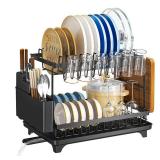 Hdkwby 2-Tier Dishes Drying Rack - Tableware Drying Rack with Draining Board, Space-Saving Design, Suitable for Kitchen Countertop Tableware and Cup Rack