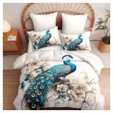CCoutueChen King Size Comforter Set for Women,Teal Peacock Feather Bedding Set with Blue and White Floral,Elegant Watercolor Bird Flowers Decor,3Pcs Soft Fluffy Microfiber with 2 Pillowcases,104 * 90