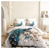 CCoutueChen King Size Comforter Set for Women,Teal Peacock Feather Bedding Set with Blue and White Floral,Elegant Watercolor Bird Flowers Decor,3Pcs Soft Fluffy Microfiber with 2 Pillowcases,104 * 90