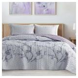 Comfort Spaces King Size Quilt Set  3-Piece Floral Coverlet Set  Lightweight Summer Bedspreads  Gray/Purple - Retail: $50