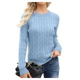 Esobo Womens Long Sleeve Mock Neck Casual Loose Stretch Cable Knit Sweater Pullover Tops (Blue,Large)