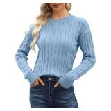 Esobo Womens Long Sleeve Mock Neck Casual Loose Stretch Cable Knit Sweater Pullover Tops (Blue,Large)