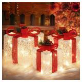 COVFEVER Christmas Lighted Gift Boxes with Lace Cloth, Pre-lit Lights Gift Boxes, Light up Present Boxes Set Battery Operated with Different Sizes for Holiday Indoor Outdoor Decorations SET OF 3 WITH 
