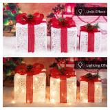 COVFEVER Christmas Lighted Gift Boxes with Lace Cloth, Pre-lit Lights Gift Boxes, Light up Present Boxes Set Battery Operated with Different Sizes for Holiday Indoor Outdoor Decorations SET OF 3 WITH 