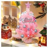 Small Mini Christmas Tree Pink with 50 LED Lghts 24 Inch /2FT Tabletop Artificial Christmas Tree Decorated Gift Boxes and Hanging Ornaments for DIY Christmas Decoration