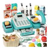 STACTCUTE 49PCS Pretend Play Cash Register Toy Set for Kids with Real Calculator,Scanner,Microphone,Conveyor Belt,Weighing Tool,Cashier Playset Realistic Gift for Toddler Kid Ages 3 4 5 6 7 8 (Green)