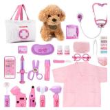 Meland Toy Doctor Kit for Girls, Pretend Play Toy Doctor Set with Dog , Carrying Bag, Stethoscope & Dress Up Costume Gift for Kids Toddlers Ages 3 4 5 6 Year Old for Role Play