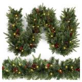 Christmas Garland Prelighted 9ft with 50 Lights, Christmas Decor with 50 Light Pine Cone Red Berries Timer for Mantle Staircase Indoor and Outdoor