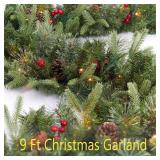 Christmas Garland Prelighted 9ft with 50 Lights, Christmas Decor with 50 Light Pine Cone Red Berries Timer for Mantle Staircase Indoor and Outdoor