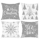 Lanpn White and Grey Christmas Throw Pillow Covers 20x20 Set of 4, Decorative 20 inch Gray Winter Snowflake Xmas Cushion Covers Pillow Cases for Home Bedroom Room Holiday Couch Decor Decorations