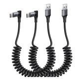 SUNGUY Right Angle Coiled USB C Cable 5FT [Comfortable Length: 1.3-3.3FT], 2Pack 90 Degree USB-A to USB-C Cable Android Auto Carplay, Type C Cord for iPhone 17 16 15 Pro Max, Galaxy S25 S24 Ultra
