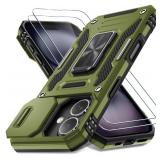 DEERLAMN Case for iPhone 16 with Slide Camera Cover+Screen Protector (2 Packs), Rotated Ring Kickstand Military Grade Shockproof Protective Cover-Olive Green