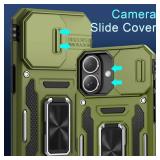 DEERLAMN Case for iPhone 16 with Slide Camera Cover+Screen Protector (2 Packs), Rotated Ring Kickstand Military Grade Shockproof Protective Cover-Olive Green