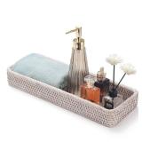 Rattan Bathroom Vanity Tray, Toilet Tank Basket Tray for Paper Hand Towel, Bathroom Counter Tray for Organizing and Decor (Whitewash, 16.3 x 6.1 x 2)