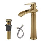 RUITHOE Antique Brass Bathroom Vessel Sink Faucet, Waterfall Bathroom Faucet, Vessel Faucet, Tall Body High 1 Hole Single Handle with Pop Up Drain Combo Vanity Mixer Tap Farmhouse Basin Bowl Vintage
