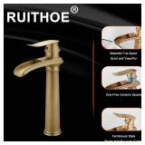 RUITHOE Antique Brass Bathroom Vessel Sink Faucet, Waterfall Bathroom Faucet, Vessel Faucet, Tall Body High 1 Hole Single Handle with Pop Up Drain Combo Vanity Mixer Tap Farmhouse Basin Bowl Vintage