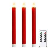 GenSwin Red Flameless Taper Candles with Remote, Real Wax Taper Candles Battery Operated, LED Flameless Candlesticks with 3D Wick for Home Halloween Christmas Holiday Decor(Set of 3, 0.78 x 9.6)