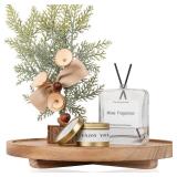 Round Decorative Tray Wood Bathroom Counter Organizer Farmhouse Kitchen Decor Wooden Riser for Soap Dish, Perfume, Candle, Sponge, 12 - Brown