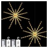 Tiandirenhe 2 Pack 224 LED Hanging Starburst Light, Firework Fairy Starburst String Lights Hanging Star Lights with Remote, 8 Lighting Modes Operated, Starry Light for Garden Party Christmas(Yellow)