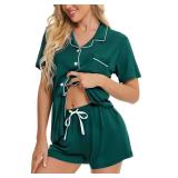 SWOMOG Womens Button Down Pajamas Set Short Sleeve Sleepwear Bride Soft Pj Lounge Sets XS-3XL Green X-Large