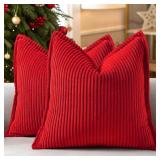 decorUhome Spring Corduroy Red Throw Pillow Covers 18x18 Set of 2 Decorative Soft Boho Farmhouse Couch Pillow Covers for Living Room Bed Sofa Broadside Striped Pillow Cases