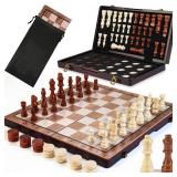 2 in 1 Magnetic Wooden Chess Set & Checkers Board Game, 15in Folding Chess Board with Pieces Storage Slots, 2 Extra Queens, Portable Travel Chess Set for Kids Adults Beginner Age 3+