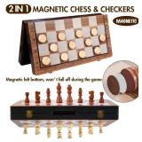 2 in 1 Magnetic Wooden Chess Set & Checkers Board Game, 15in Folding Chess Board with Pieces Storage Slots, 2 Extra Queens, Portable Travel Chess Set for Kids Adults Beginner Age 3+