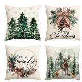 AVOIN colorlife Merry Christmas Trees Reindeer Snowflake Throw Pillow Covers, 18 x 18 Inch Xmas Red Berries Hello Winter Holiday Cushion Case Decoration for Sofa Couch Set of 8