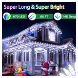 66FT 670 LED Christmas Lights 148 Ice Drops, 12 Modes and Timer Memory Dimmable, Plug In Outdoor Waterproof Hanging String Light for Holiday Wedding Garden Fence House Tree Outside Decor (Cool White)