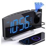 Projection Alarm Clock with FM Radio, USB Charging Port, 0-100% Dimmer, Dual Alarms, HD LED Display, 30 Preset Stations, Sleep Timer, 5 Alarm Sounds, Snooze, Curved Screen, Digital Clock for Bedroomp
