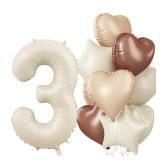 3rd Birthday Balloons for Girls, Large Foil Beige Cream Sand White Neutral 3 Balloon, Nude Tan Apricot Brown Helium Heart Star Balloon for Boys Kids Birthday Wedding Anniversary Party Boho Decoration
