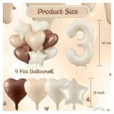 3rd Birthday Balloons for Girls, Large Foil Beige Cream Sand White Neutral 3 Balloon, Nude Tan Apricot Brown Helium Heart Star Balloon for Boys Kids Birthday Wedding Anniversary Party Boho Decoration