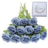 LVEFIT Artificial Rose Flower Dusty Blue Flowers Dusty Blue Roses Silk Flowers 12 pcs with Long Stem Silk Roses Bouquet for Wedding Bridal Shower Party Home Decoration