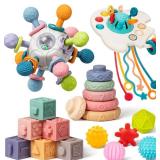 Baby Toys 6 to 12 Months, 5 In 1 Montessori Toys for 1 Year Old, Incl Travel Pull String Toy & Rattle Teether & Stacking Baby Block & Soft Infant Ring & Sensory Ball for Toddler 0-3-6-9-12 Month