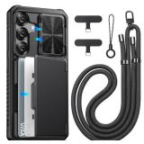 ATATOO for Samsung Galaxy S25 Case Wallet with Lanyard, Phone Strap Crossbody for Women Men, Card Holder, Slide Camera Cover, Military Grade Protection, Case for Galaxy S25 6.2, Black