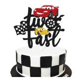 Two Fast Cake Topper Race Car 2nd Cake Decoration for Racing Car Checkered Flag Themed Kids Boy Girl 2 Years Old Happy 2s Birthday Party Supplies Double Sided
