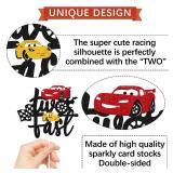Two Fast Cake Topper Race Car 2nd Cake Decoration for Racing Car Checkered Flag Themed Kids Boy Girl 2 Years Old Happy 2s Birthday Party Supplies Double Sided