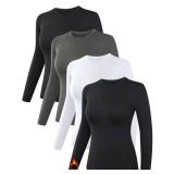 Dalavch 3 Pack Womens Thermal Shirts, Women Fleece Lined Compression Long Sleeve Base Layer Tops for Winter Cold Weather 2 Black 1 Heather Gray Large
