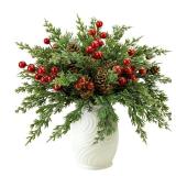 Saranna 60 Pcs Christmas Artificial Pine Branches with Red Berry Stems, Fake Holly Stems with Pinecones for Xmas Tree Wreath DIY Craft Floral Arrangement Holiday Season Decor