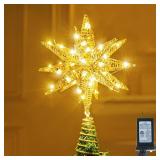 JOIEDOMI 7.8 Metal 3D Star Christmas Tree Topper Golden Glitter Decorations with 56 LED Warm White with Plug Timer Ornaments Treetop Home Holiday Party Indoor Decor
