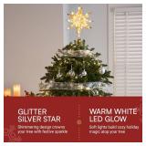 JOIEDOMI 7.8 Metal 3D Star Christmas Tree Topper Golden Glitter Decorations with 56 LED Warm White with Plug Timer Ornaments Treetop Home Holiday Party Indoor Decor