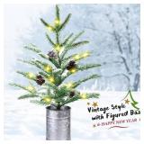 Small Christmas Tree 24 inch Mini Christmas Tree Pre-lit with 60 Lights Rustic Style Tabletop Tree 2 ft
