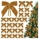 Tsorode 24 Pcs Khaki Velvet Bows for Christmas Tree,Light Brown Bows Velvet Ornaments Christmas Tree Bow for Gift Wrapping Door Vintage Garland Wreath,Rustic Holiday Decor-1 Wide,3.5 x 3.5 Inch